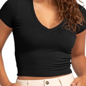 BOZZOLO | Black Ribbed V-Neck Women's Top